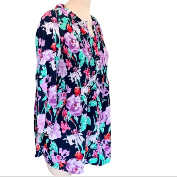 Caffe Marrakesh Tunic Top/Mini Dress Floral Smocked Button Front Sz L #17D - Picture 3 of 9